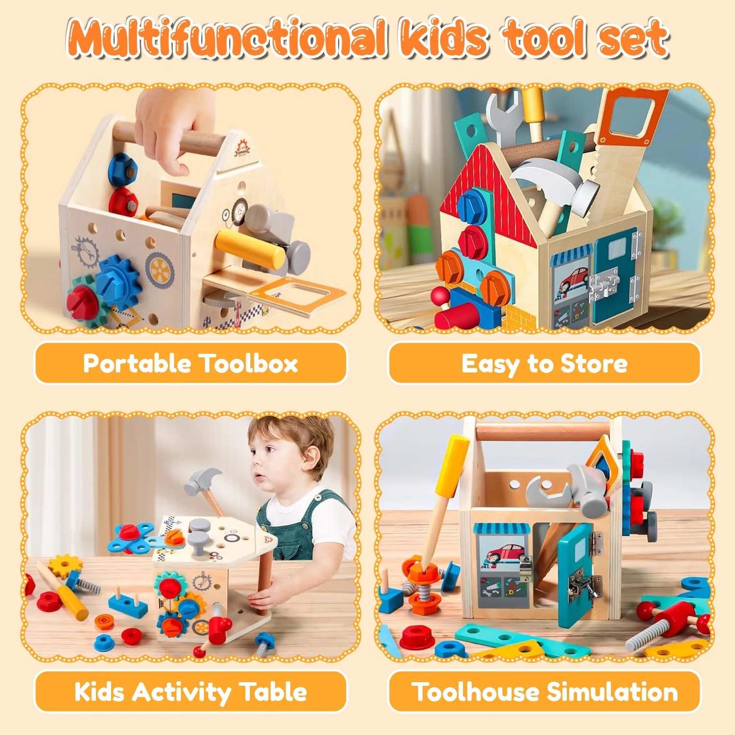 33 PCS Wooden Toolbox Set, Montessori Pretend Play, Fine Motor Skills & Dexterity, Safe for Ages 2+