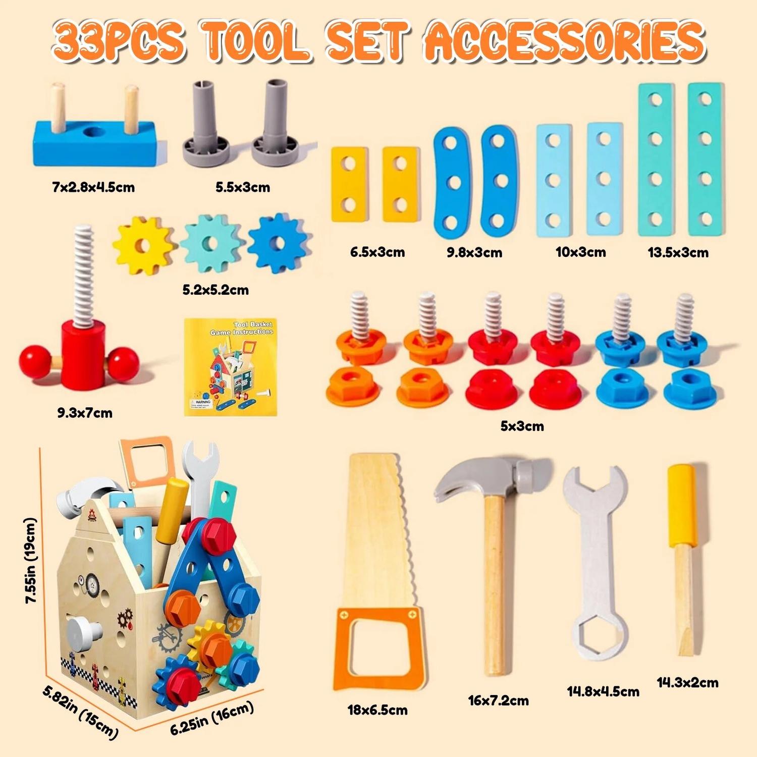 33 PCS Wooden Toolbox Set, Montessori Pretend Play, Fine Motor Skills & Dexterity, Safe for Ages 2+
