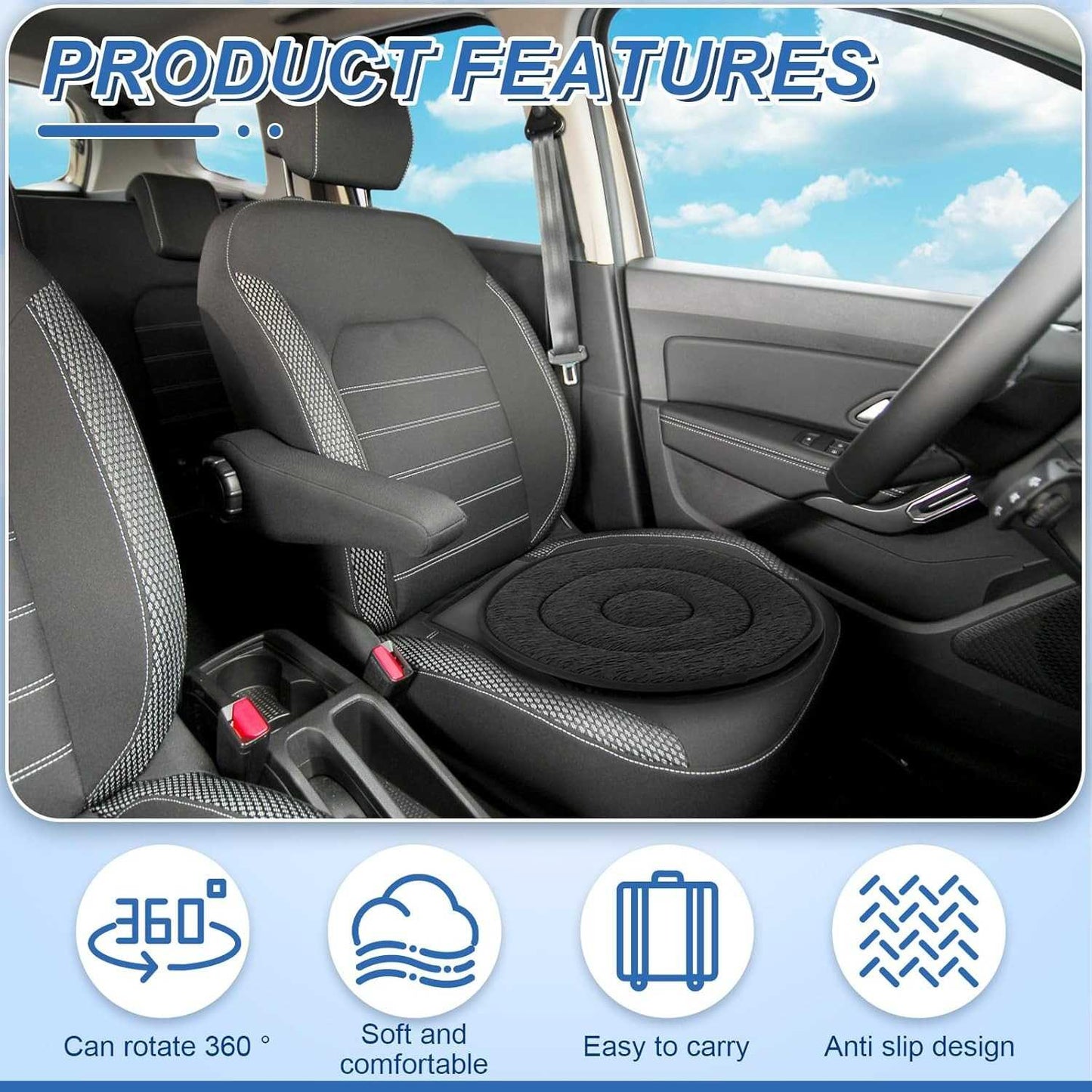 360-Degree Car Swivel Seat Cushion with Memory Foam Support, Comfortable & Breathable Material