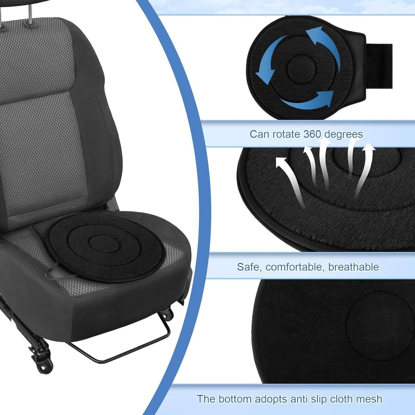 360-Degree Car Swivel Seat Cushion with Memory Foam Support, Comfortable & Breathable Material