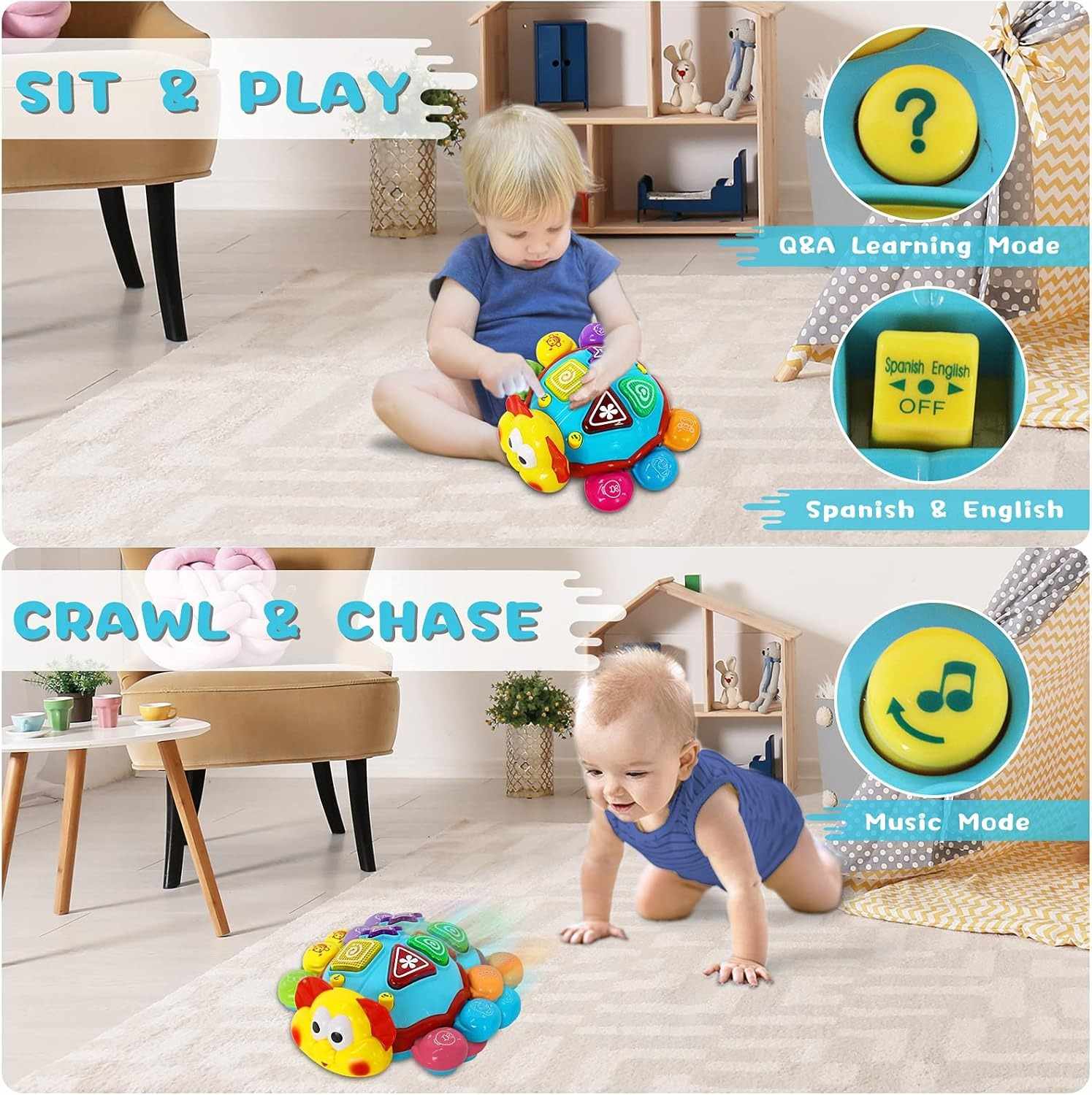 360° Musical Crawling Turtle Toy with Light Up, Bilingual Learning, Animal Sounds, Safe for Months 6+