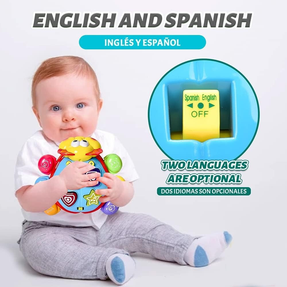 360° Musical Crawling Turtle Toy with Light Up, Bilingual Learning, Animal Sounds, Safe for Months 6+
