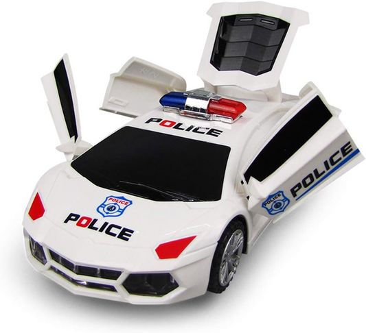 360° Rotating Police Car Toy with Sound & Light Electric Automatic Openable Doors, Safe for Ages 3+
