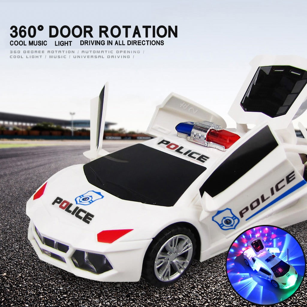 360° Rotating Police Car Toy with Sound & Light Electric Automatic Openable Doors, Safe for Ages 3+