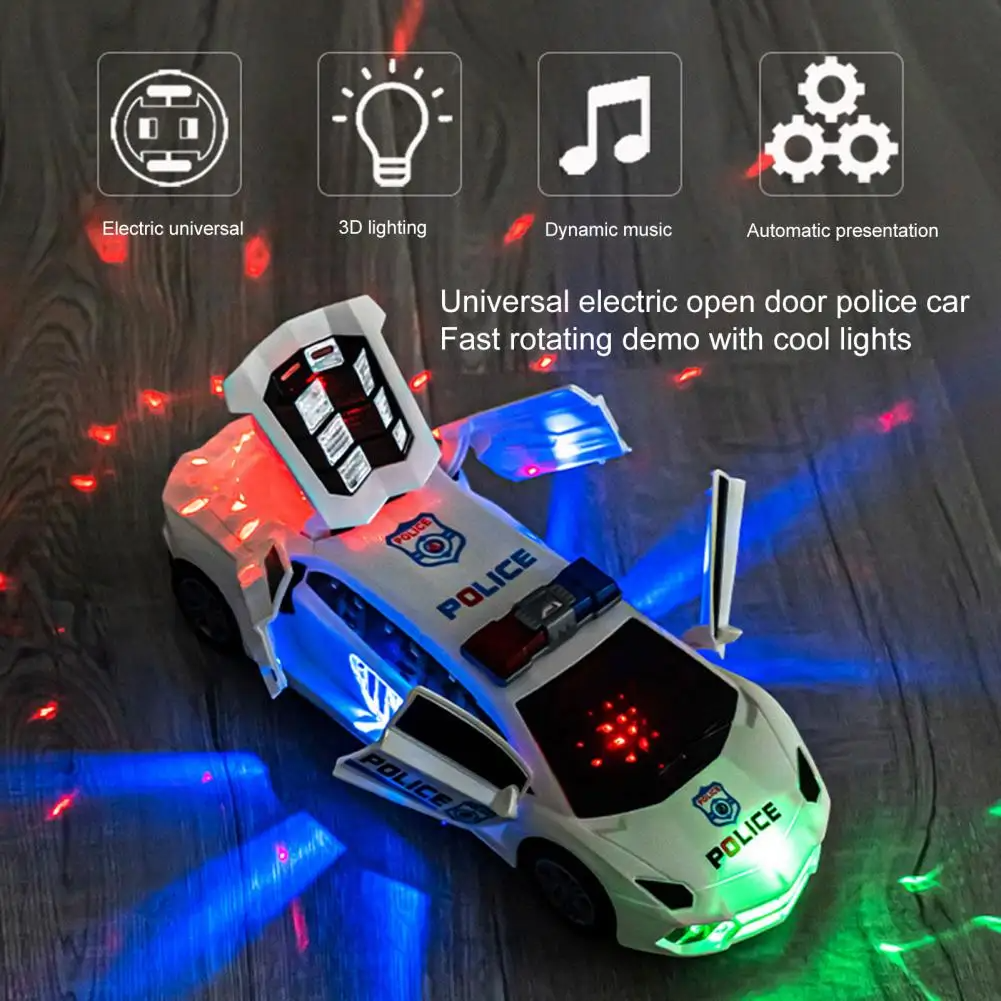360° Rotating Police Car Toy with Sound & Light Electric Automatic Openable Doors, Safe for Ages 3+