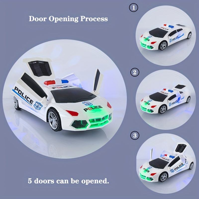360° Rotating Police Car Toy with Sound & Light Electric Automatic Openable Doors, Safe for Ages 3+