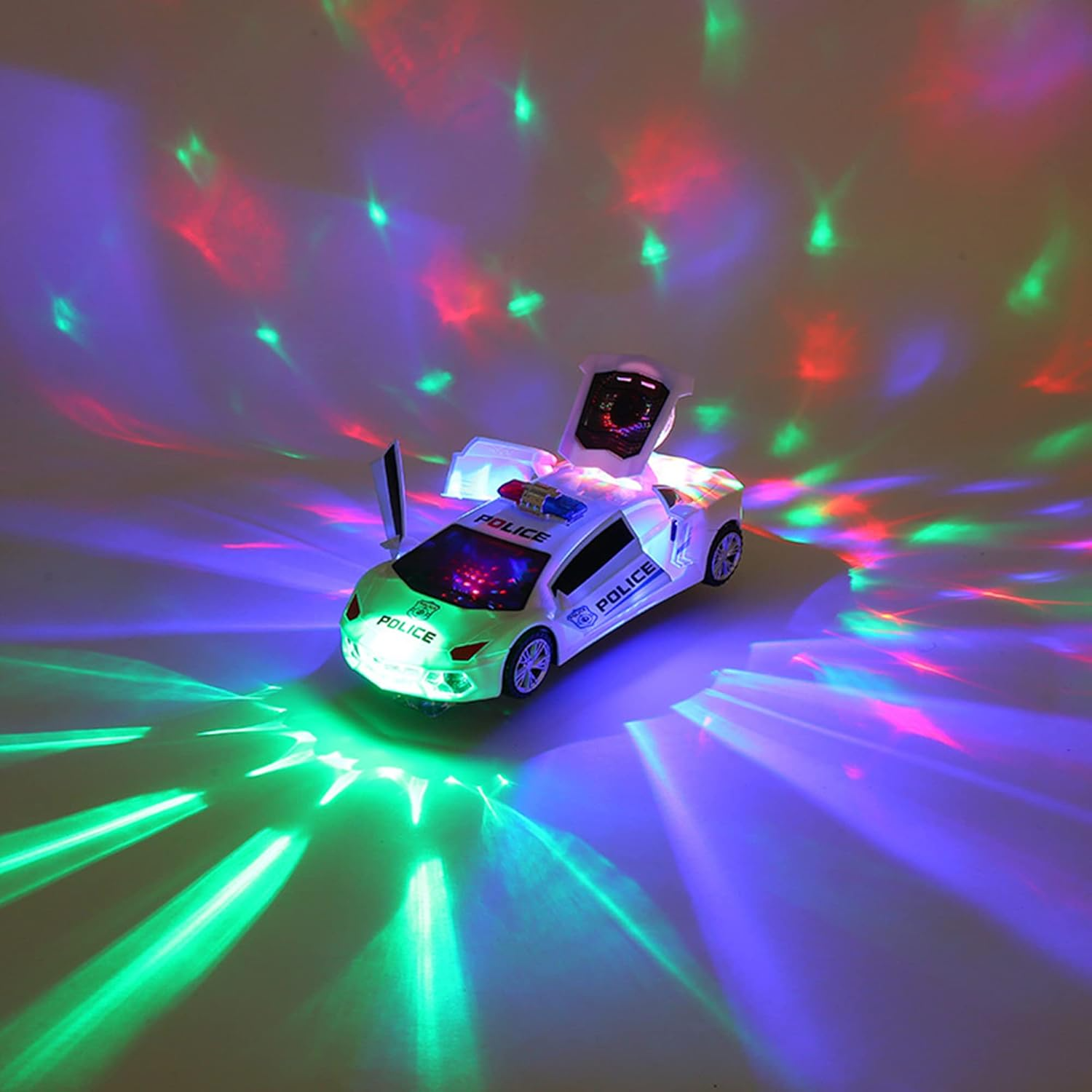 360° Rotating Police Car Toy with Sound & Light Electric Automatic Openable Doors, Safe for Ages 3+