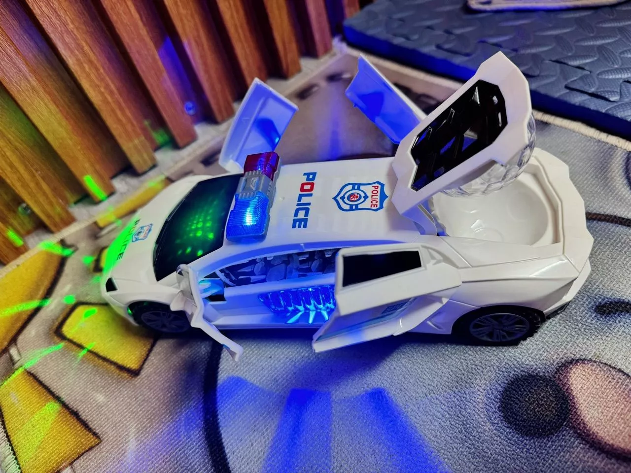 360° Rotating Police Car Toy with Sound & Light Electric Automatic Openable Doors, Safe for Ages 3+