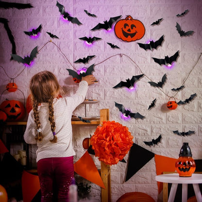 36 PCS LED-Powered 3D Bat Lights for Halloween Wall Decor – Safe Material, Button Battery Operated, Easy to Install & Remove
