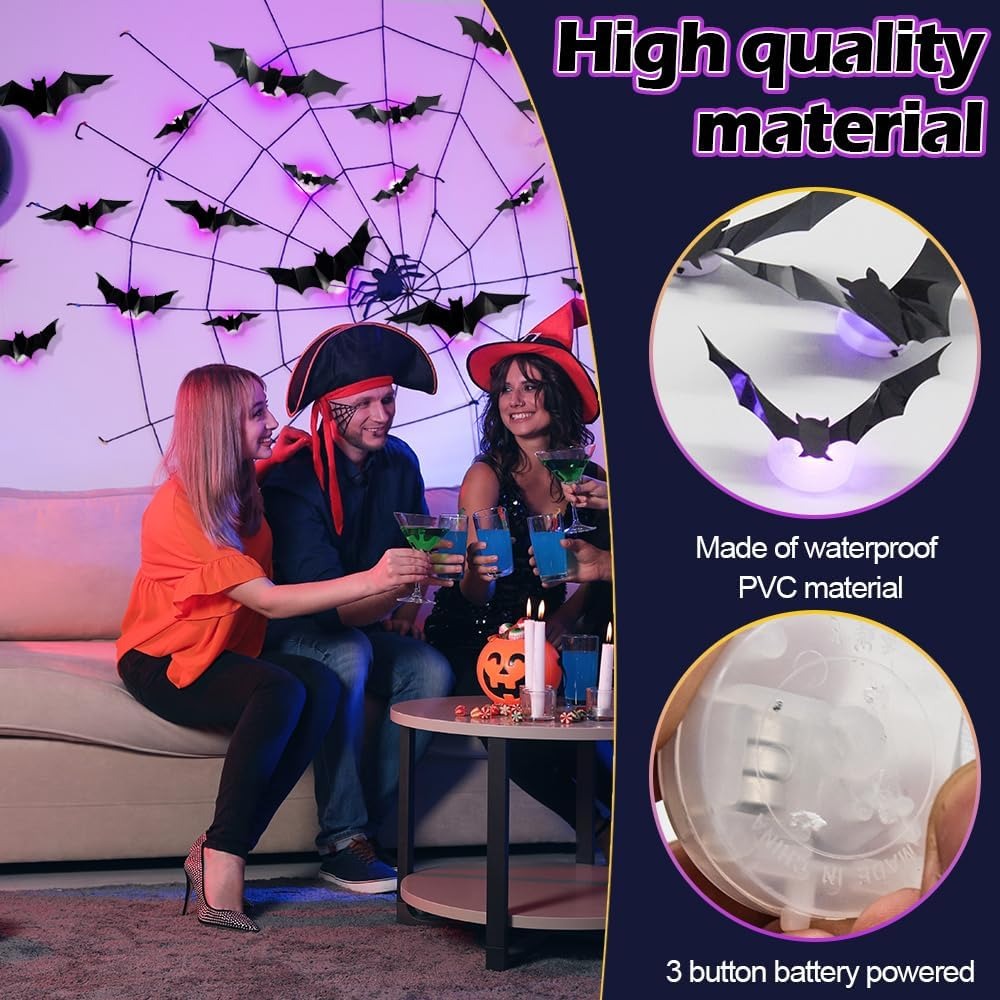 36 PCS LED-Powered 3D Bat Lights for Halloween Wall Decor – Safe Material, Button Battery Operated, Easy to Install & Remove