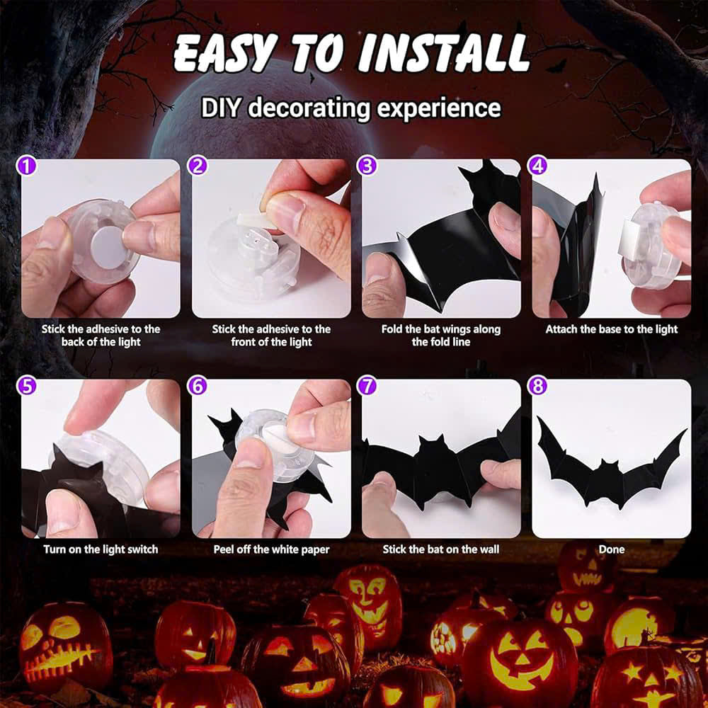 36 PCS LED-Powered 3D Bat Lights for Halloween Wall Decor – Safe Material, Button Battery Operated, Easy to Install & Remove