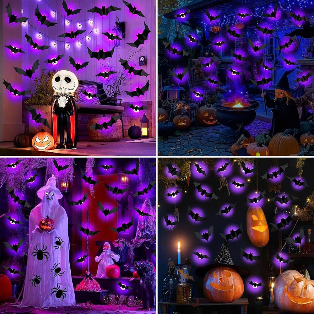 36 PCS LED-Powered 3D Bat Lights for Halloween Wall Decor – Safe Material, Button Battery Operated, Easy to Install & Remove