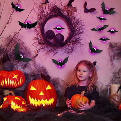 36 PCS LED-Powered 3D Bat Lights for Halloween Wall Decor – Safe Material, Button Battery Operated, Easy to Install & Remove