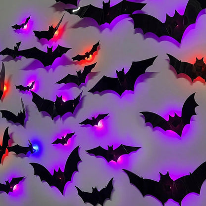 36 PCS LED-Powered 3D Bat Lights for Halloween Wall Decor – Safe Material, Button Battery Operated, Easy to Install & Remove