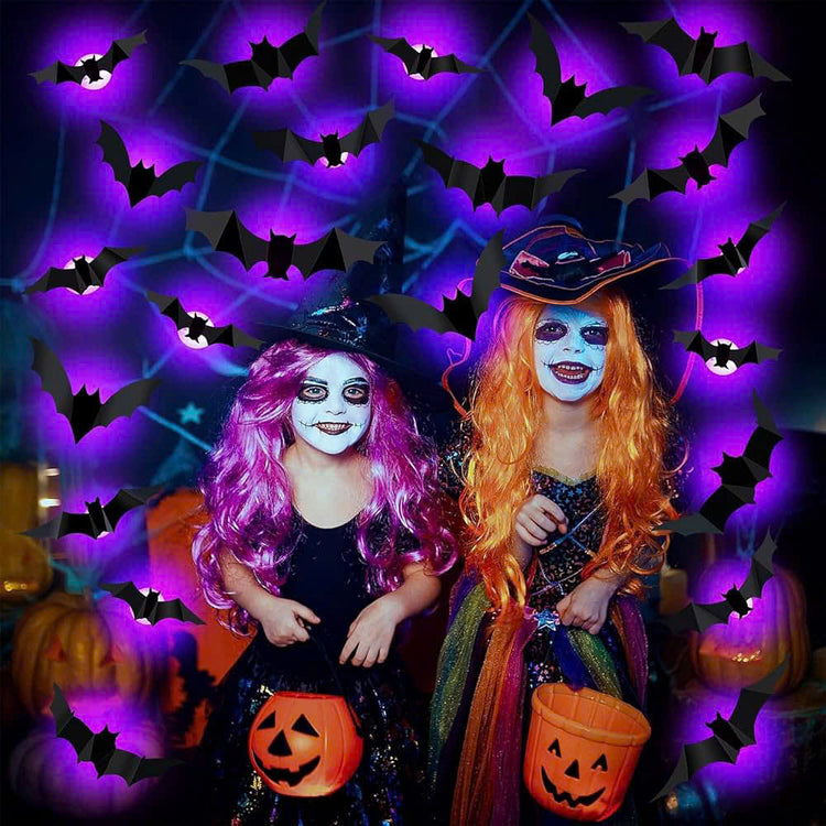 36 PCS LED-Powered 3D Bat Lights for Halloween Wall Decor – Safe Material, Button Battery Operated, Easy to Install & Remove