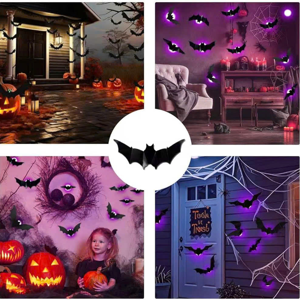 36 PCS LED-Powered 3D Bat Lights for Halloween Wall Decor – Safe Material, Button Battery Operated, Easy to Install & Remove