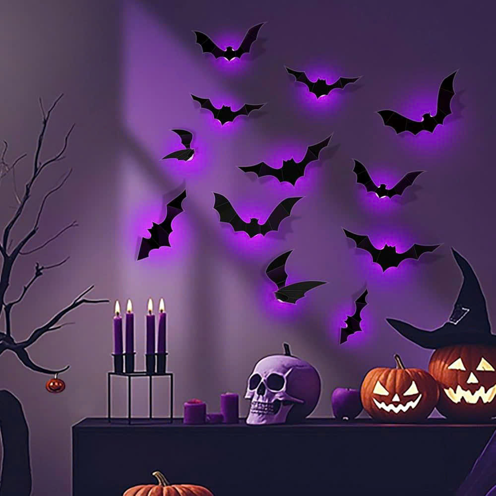 36 PCS LED-Powered 3D Bat Lights for Halloween Wall Decor – Safe Material, Button Battery Operated, Easy to Install & Remove