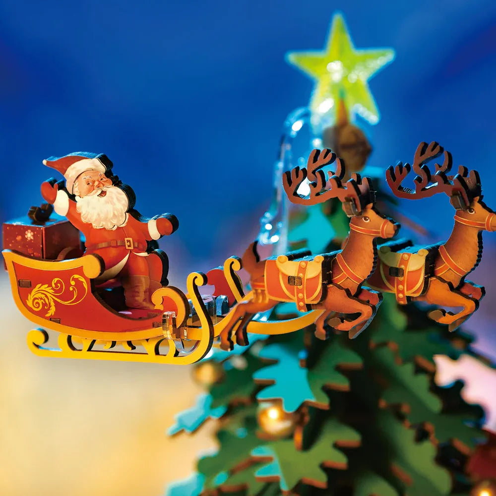 3D Wooden Christmas Tree Music Box with Featuring an Enchanting Holiday Scene, LED Lights, Moving Train, Safe for Ages 14+