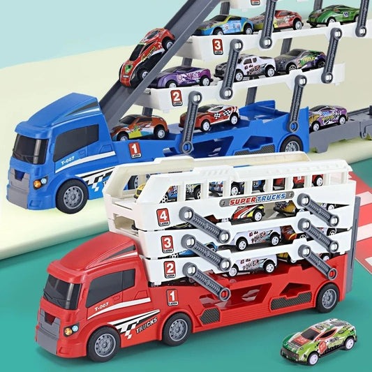 4-Layer Truck Carrier Toy with Foldable Design, Pull-Back Cars, Perfect for Kids Ages 4+