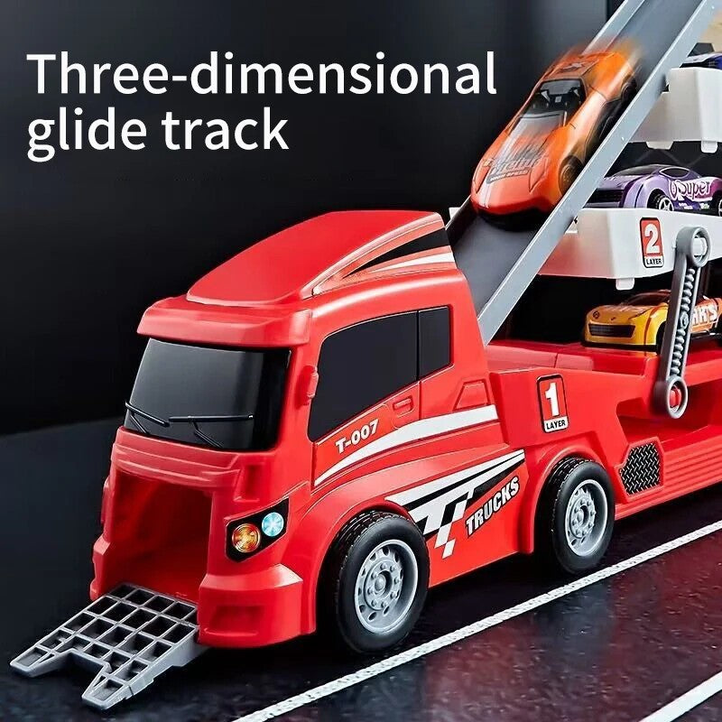 4-Layer Truck Carrier Toy with Foldable Design, Pull-Back Cars, Perfect for Kids Ages 4+