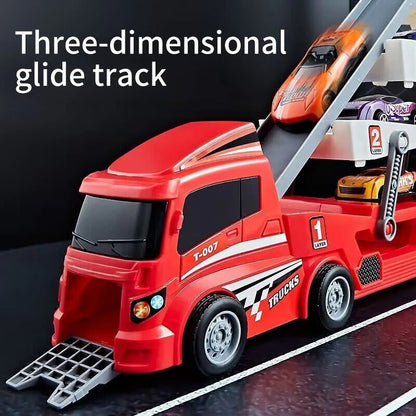 4-Layer Truck Carrier Toy with Foldable Design, Pull-Back Cars, Perfect for Kids Ages 4+