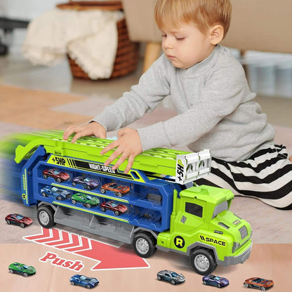 4-Layer Truck Carrier Toy with Foldable Design, Pull-Back Cars, Perfect for Kids Ages 4+