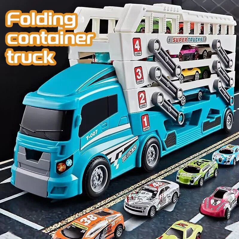 4-Layer Truck Carrier Toy with Foldable Design, Pull-Back Cars, Perfect for Kids Ages 4+