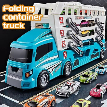 4-Layer Truck Carrier Toy with Foldable Design, Pull-Back Cars, Perfect for Kids Ages 4+