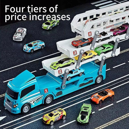 4-Layer Truck Carrier Toy with Foldable Design, Pull-Back Cars, Perfect for Kids Ages 4+