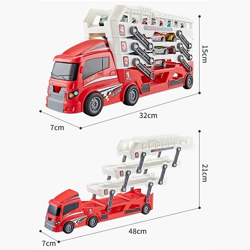 4-Layer Truck Carrier Toy with Foldable Design, Pull-Back Cars, Perfect for Kids Ages 4+