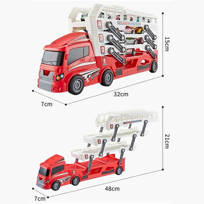 4-Layer Truck Carrier Toy with Foldable Design, Pull-Back Cars, Perfect for Kids Ages 4+