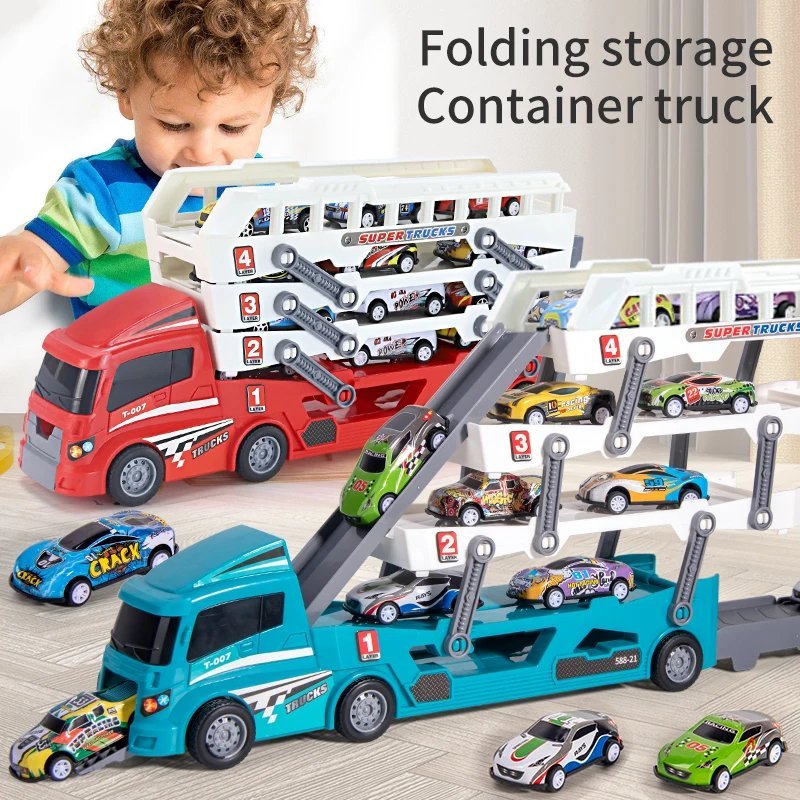 4-Layer Truck Carrier Toy with Foldable Design, Pull-Back Cars, Perfect for Kids Ages 4+
