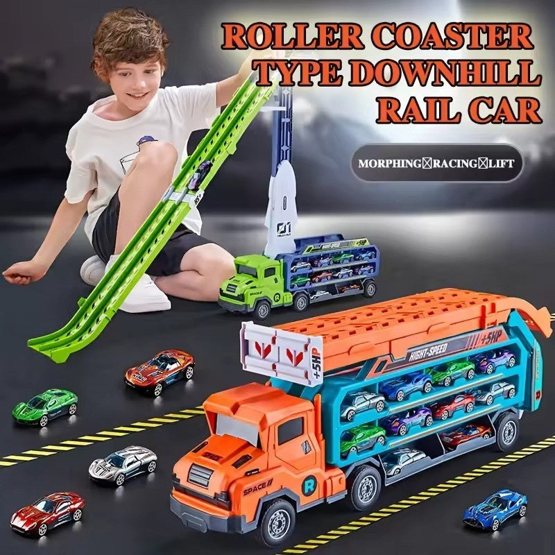 4-Layer Truck Carrier Toy with Foldable Design, Pull-Back Cars, Perfect for Kids Ages 4+