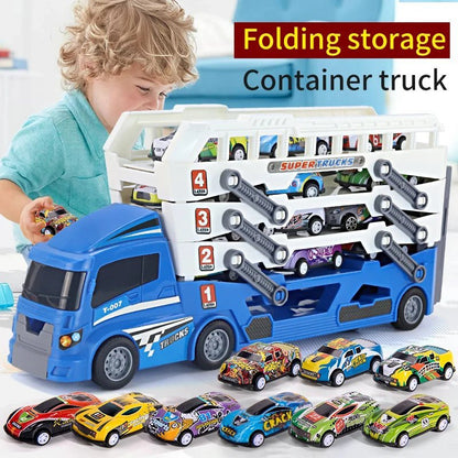 4-Layer Truck Carrier Toy with Foldable Design, Pull-Back Cars, Perfect for Kids Ages 4+