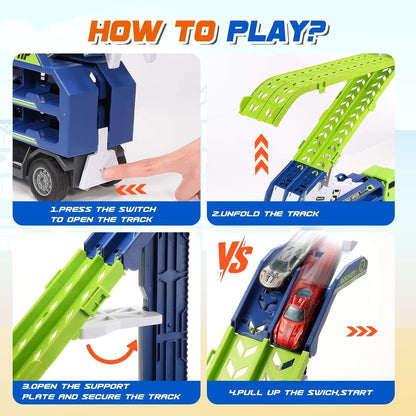 4-Layer Truck Carrier Toy with Foldable Design, Pull-Back Cars, Perfect for Kids Ages 4+