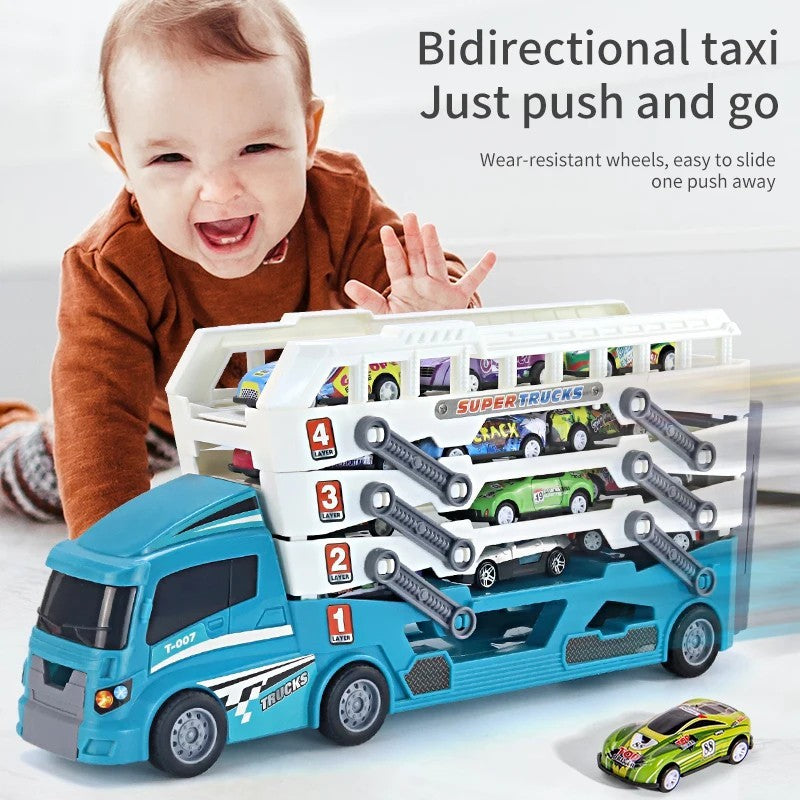 4-Layer Truck Carrier Toy with Foldable Design, Pull-Back Cars, Perfect for Kids Ages 4+