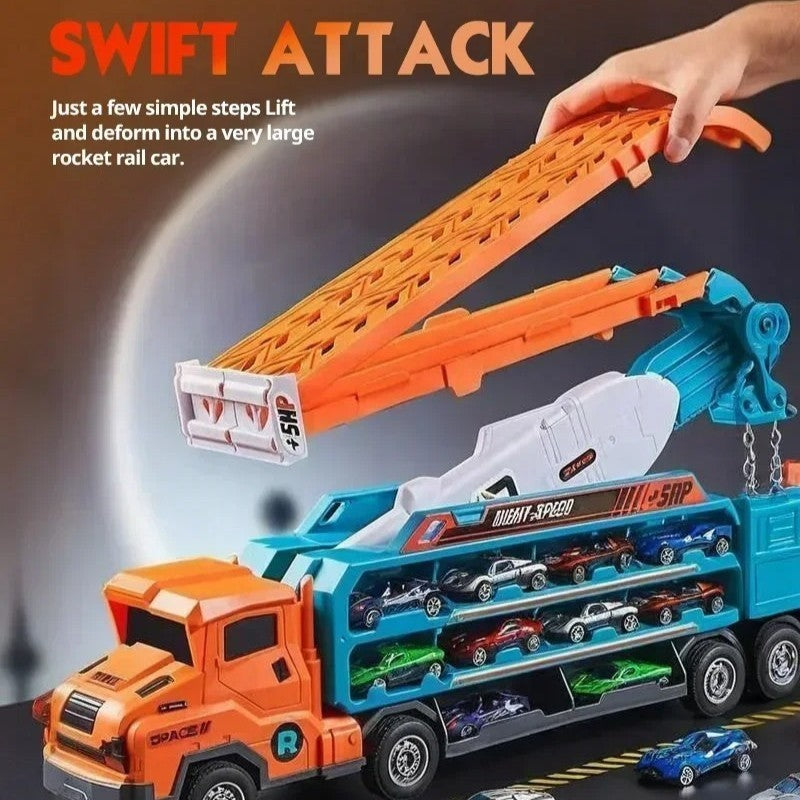 4-Layer Truck Carrier Toy with Foldable Design, Pull-Back Cars, Perfect for Kids Ages 4+