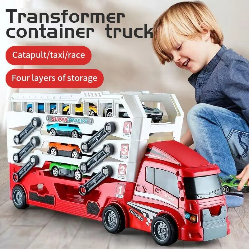 4-Layer Truck Carrier Toy with Foldable Design, Pull-Back Cars, Perfect for Kids Ages 4+