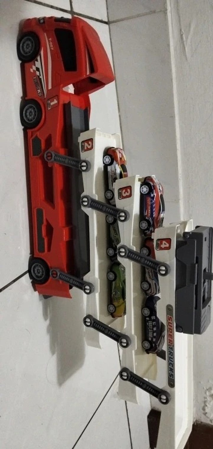4-Layer Truck Carrier Toy with Foldable Design, Pull-Back Cars, Perfect for Kids Ages 4+