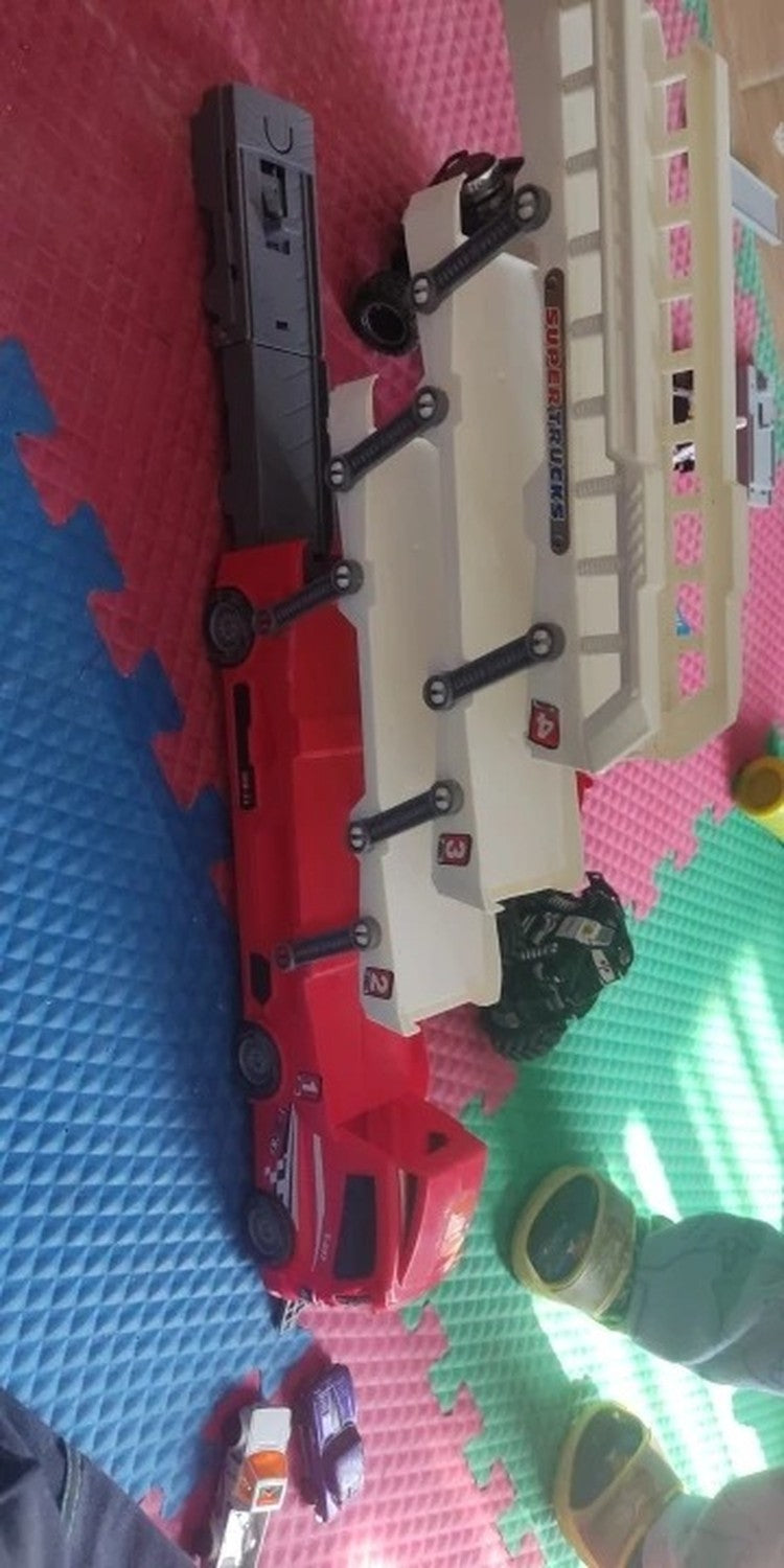 4-Layer Truck Carrier Toy with Foldable Design, Pull-Back Cars, Perfect for Kids Ages 4+