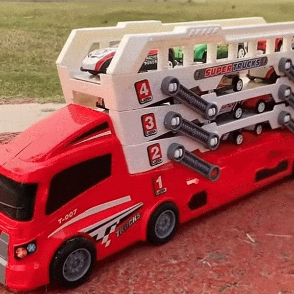 4-Layer Truck Carrier Toy with Foldable Design, Pull-Back Cars, Perfect for Kids Ages 4+