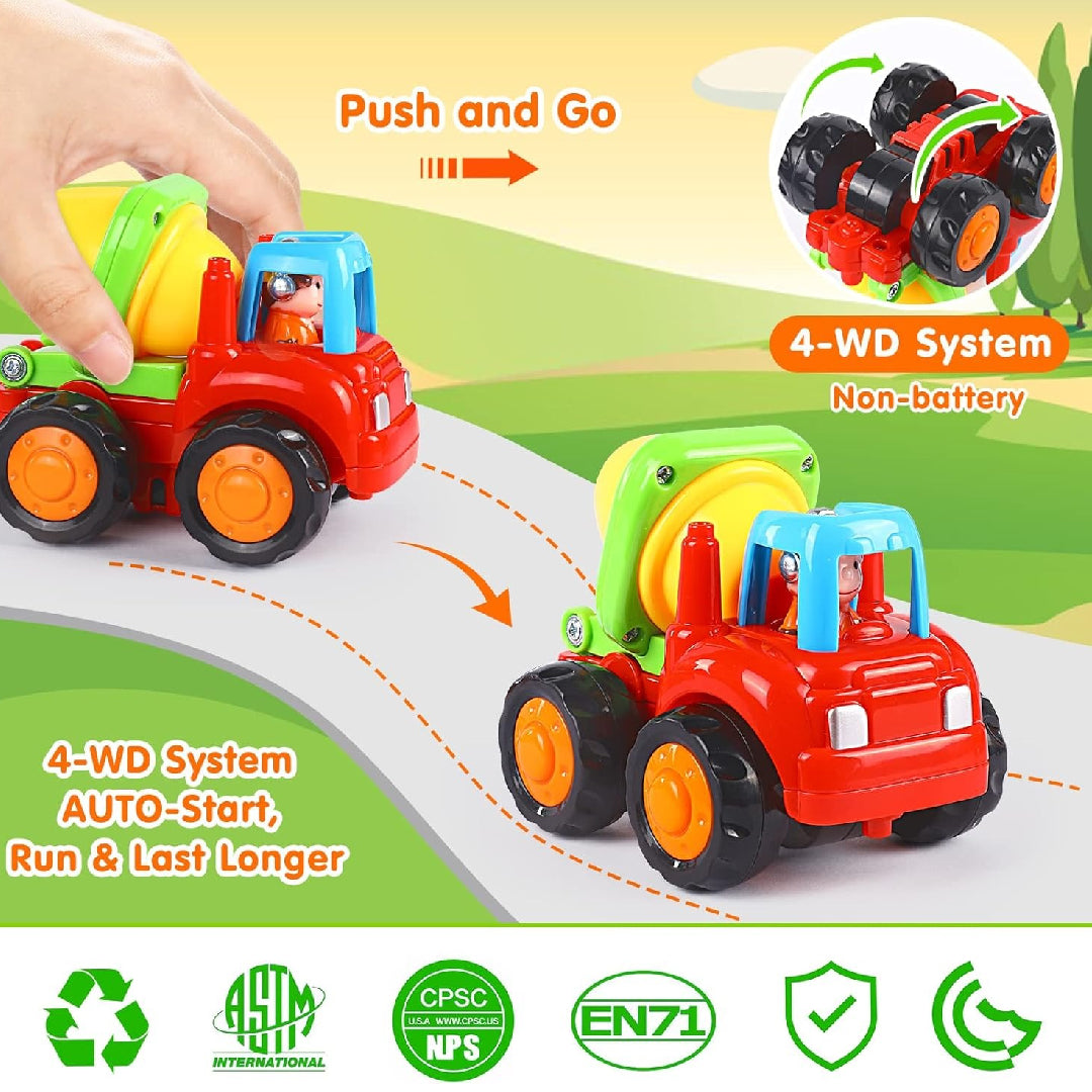 4-Pack Friction Vehicle Toys, No Batteries Required, Easy to Use, Cartoon Design, Compact Size, Safe for Ages 1+
