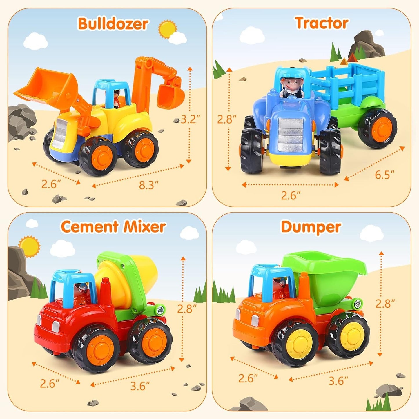 4-Pack Friction Vehicle Toys, No Batteries Required, Easy to Use, Cartoon Design, Compact Size, Safe for Ages 1+