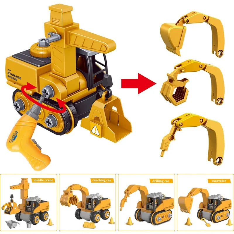 4-in-1 Kids Engineering Vehicle Assembly Toy – Boosts Creativity & Logic, Realistic Play, Electric Drill, Engineering Accessories, Safe for Ages 3+