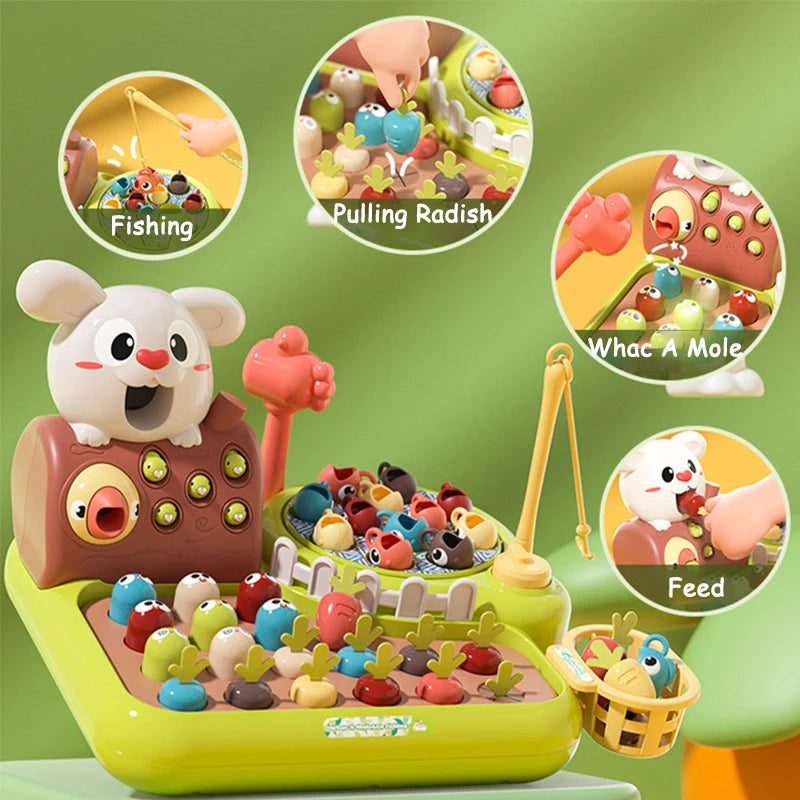 4-in-1 Montessori Baby Activity Toy With Fishing, Whac-A-Mole, Pull Carrot, Feeding For Ages 1+