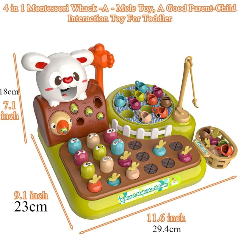 4-in-1 Montessori Baby Activity Toy With Fishing, Whac-A-Mole, Pull Carrot, Feeding For Ages 1+