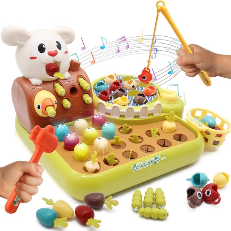 4-in-1 Montessori Baby Activity Toy With Fishing, Whac-A-Mole, Pull Carrot, Feeding For Ages 1+