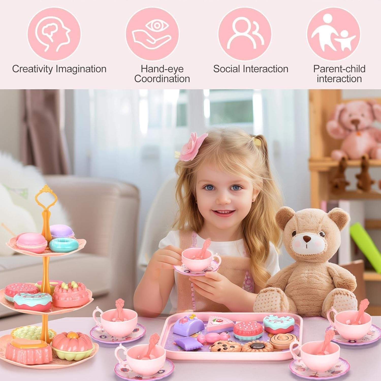 42PCS Kids Afternoon Tea Party Set with Teapot, Desserts & Cups, Portable Carry Case, Safe for Ages 3+