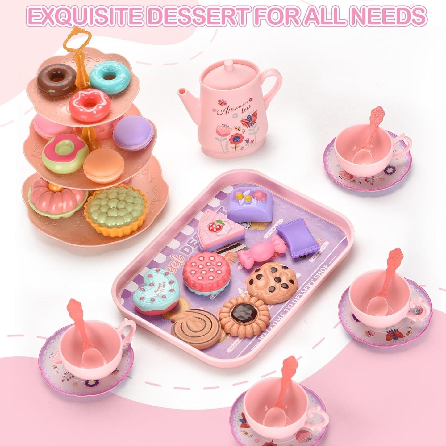 42PCS Kids Afternoon Tea Party Set with Teapot, Desserts & Cups, Portable Carry Case, Safe for Ages 3+