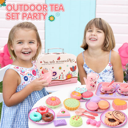 42PCS Kids Afternoon Tea Party Set with Teapot, Desserts & Cups, Portable Carry Case, Safe for Ages 3+